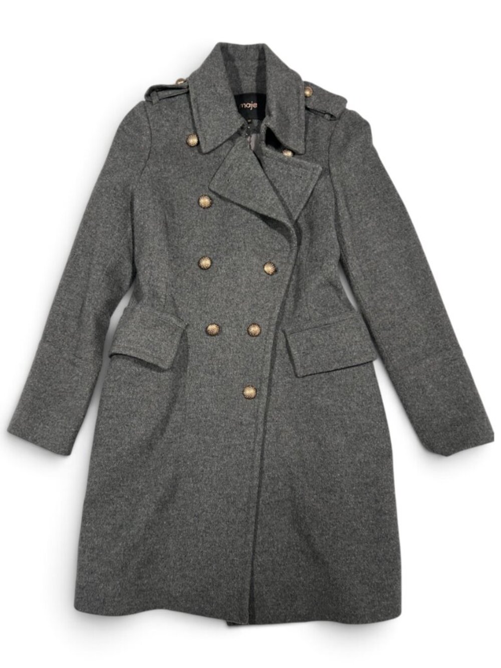 Maje Officer Style Charcoal Grey Double Breasted Wool Military Coat 36 4